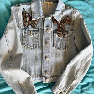 Maje Light Blue Denim Jacket with Beaded Butterfly & Bow